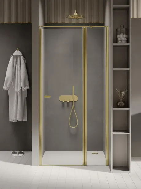 Įleidžiamos durys New Soleo Gold Shine, viengubos, varstomos, su lankstais prie sienos, lygiagretus laikiklis