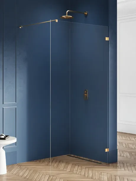„Avexa Gold Brushed“ „walk-in“ dušo kabina, vienos dalies. Stiklo storis – 8 mm.