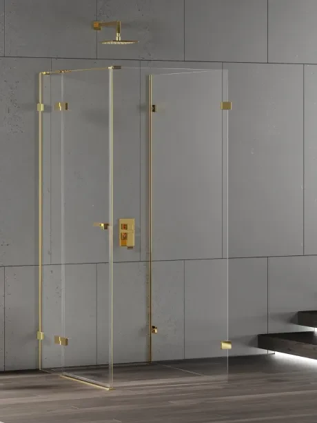 Dušo kabina „Eventa Gold Shine“, prie sienos montuojama, su šoninėmis durimis