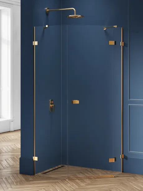 Dušo kabina „Avexa Gold Brushed“, penkiakampė, asimetrinė