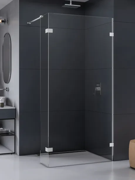 Eventa walk-in shower enclosure. Single-panel design with an additional side panel.