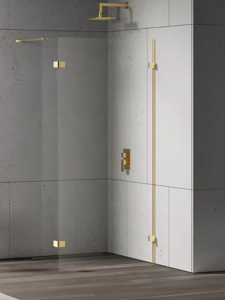 Eventa Gold Shine walk-in shower enclosure. Single-panel, with an additional side panel