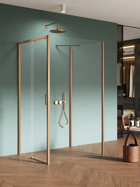 Dušo kabina Prime Copper Brushed, sieninė, šoninės durys, stumdomos iš kampo