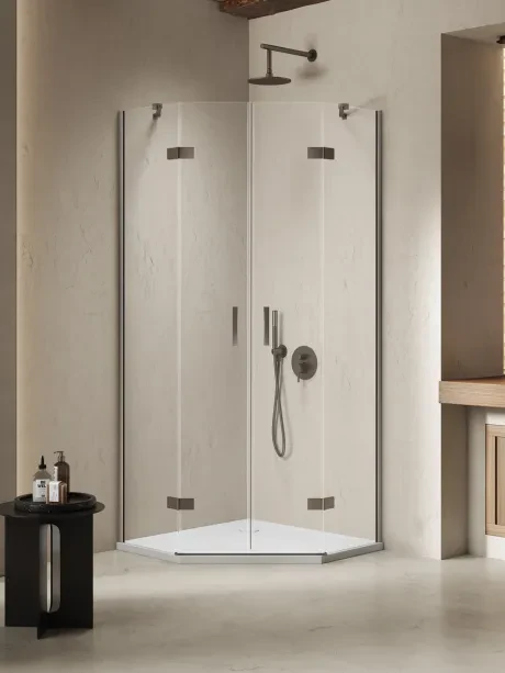 Dušo kabina Nesta Gunmetal Brushed, penkiakampė, dvigubos durys