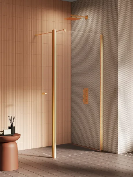 New Soleo Gold Brushed" dušo kabina, įeinama, su papildoma sienele