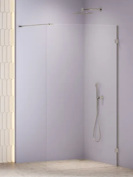 Dušo kabina „Oxia Nickel Brushed“ be slenksčio, vieno elemento, su statmenu atraminiu strypu