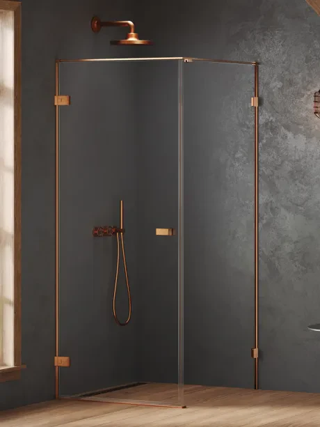 Oxia COPPER BRUSHED shower enclosure single swinging door, hinge to wall