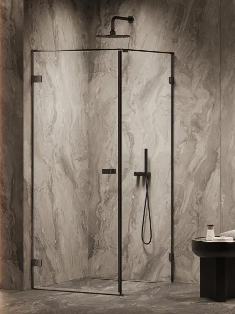 Oxia BLACK single swing door shower enclosure, hinge to wall