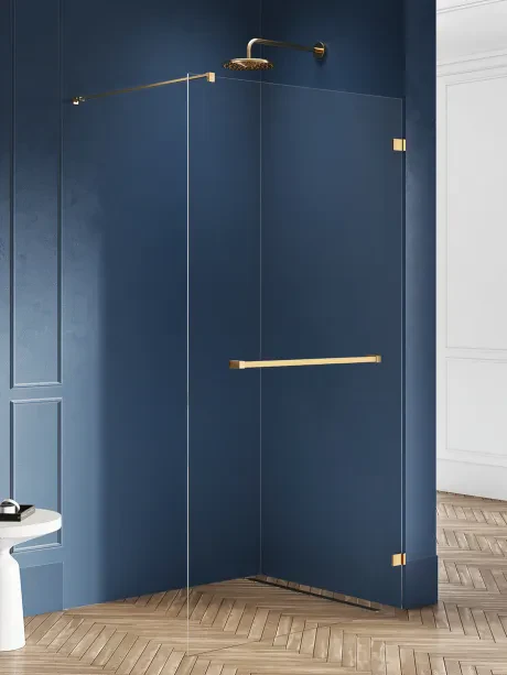 Avexa Gold Brushed vientisa dušo kabina su turėklų stovu. Stiklo storis 6 mm.