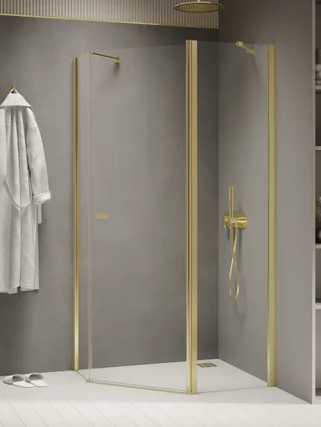 New Soleo Gold Shine" dušo kabina, penkiakampė, asimetrinė, su viengubomis durimis
