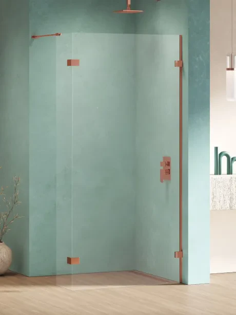 Eventa Copper Shine walk-in shower enclosure. Single-panel design with an additional side panel