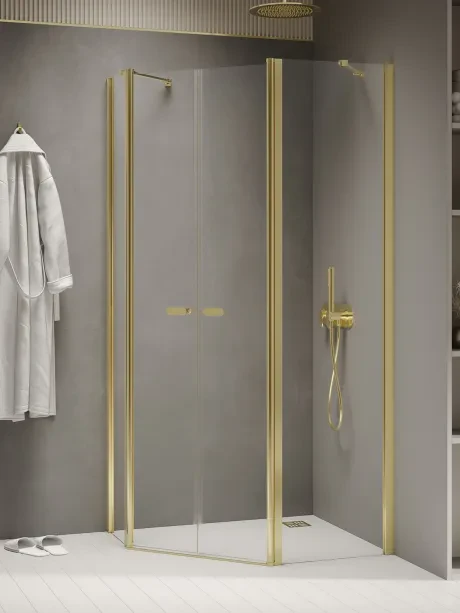 New Soleo Gold Shine" dušo kabina, penkiakampė, asimetriška, dvigubos durys