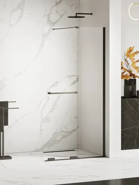 „Smart Black“ dušo kabina „walk-in“, stumiamoji, statmenas atraminis strypas, turėklas