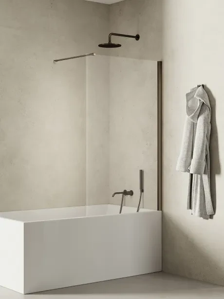 New Soleo Gunmetal Brushed vonios užsklanda, vientisa fiksuota, statmenas laikiklis