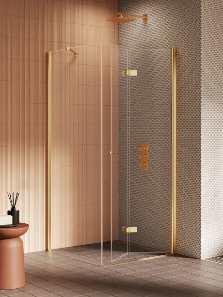 New Soleo Gold Brushed" dušo kabina su viengubomis sulankstomomis durimis