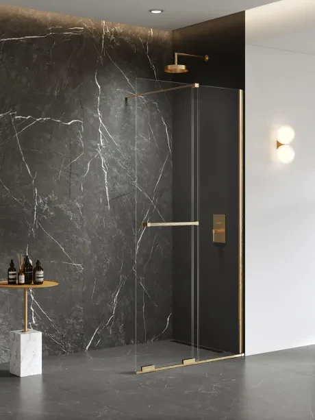 Dušo kabina Smart Gold Brushed, stumdomoji, statmena atrama, turėklai