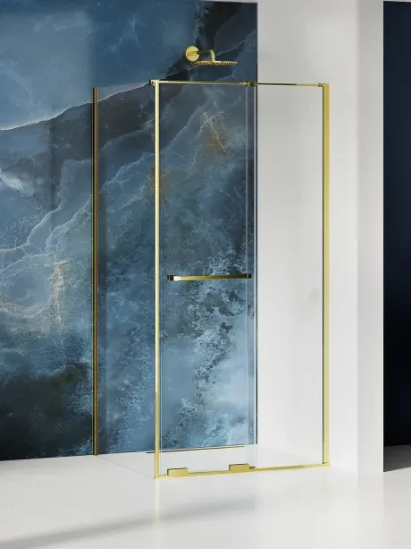 Smart Light Gold dušo kabina, stumdomos durys, turėklas